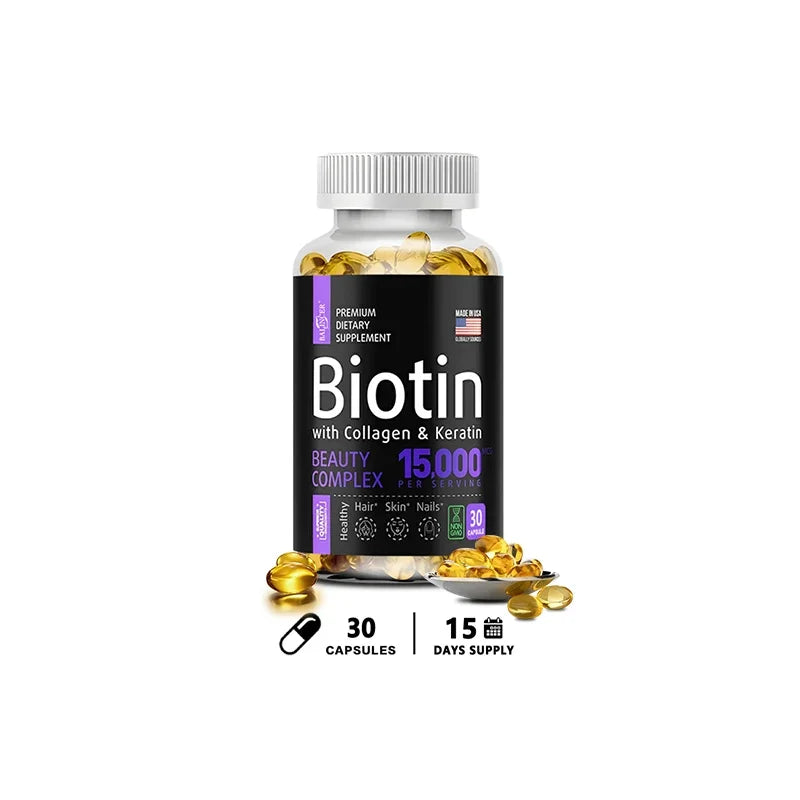 Biotin Capsules 15,000 MCG - Increase Healthier, Shinier Hair, Skin & Nails- 30 To 120 Capsules with Biotin Collagen A & B