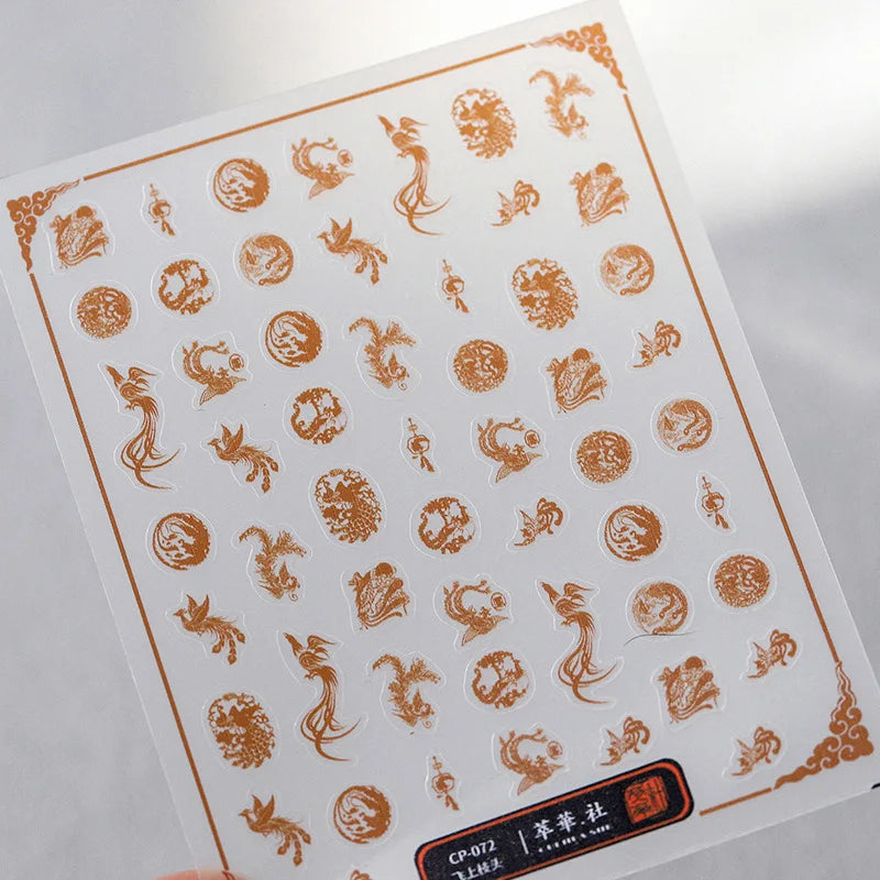 5D Kawaii Ink Wash Fairy Fox Dragon Loong Nail Art Stickers Cartoon Star Animals Backglue Nail Decoration Decals Accessories