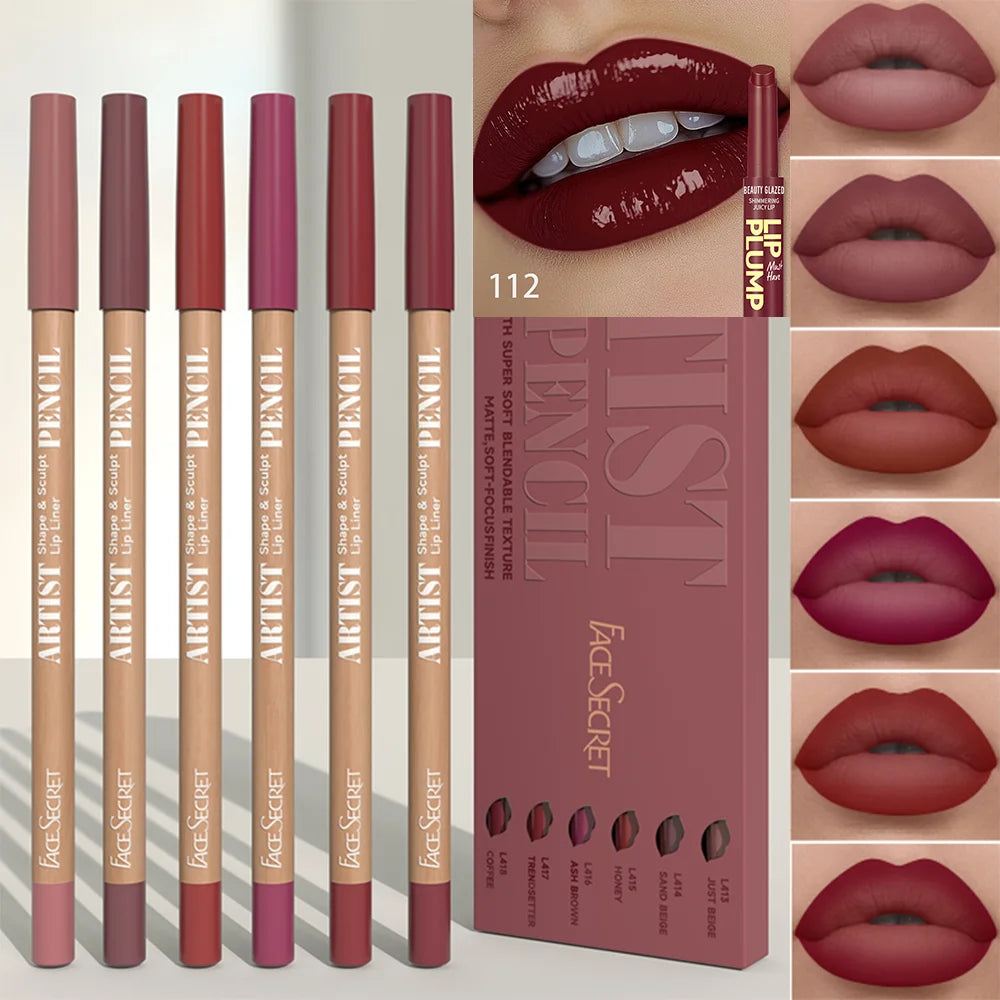 7Pcs Dark Brown Lip Liner with Color Lip Oil Lip Gloss Set, Moisturizing Solid Lip Gloss Jelly Lipstick, Matte Velvet Lipliner