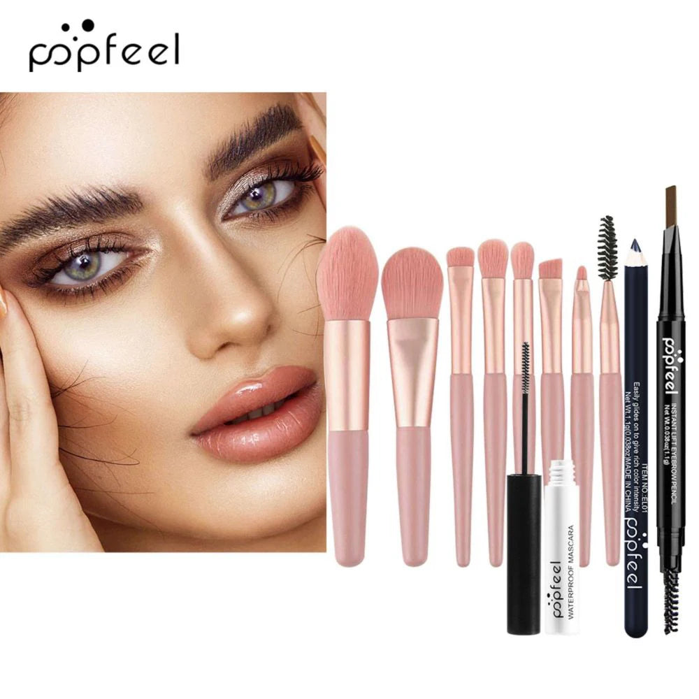 POPFEEL Professional Eye Makeup Set: Eyeshadow Palette, Eyeliner, Brow Pencil, Mascara +8 Makeup Brushes - Perfect for Beginners