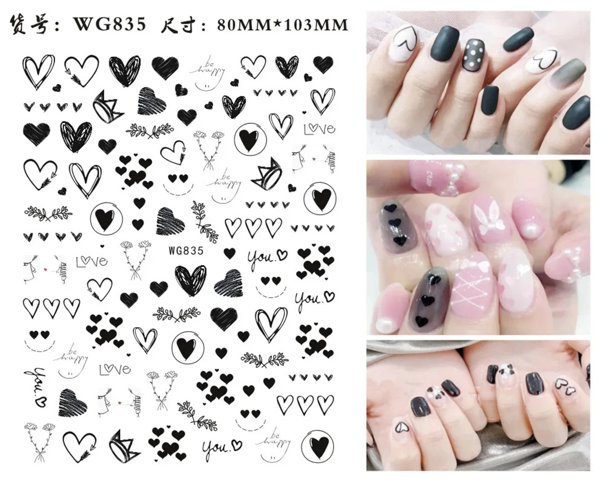 1PCS Black White Love Nail Stickers Letter Nail Design Flower Print Supplies Nail Art Decals Suitable For Women's Manicure