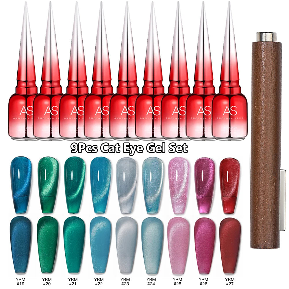 AS 9pcs Cat Eye Magnetic Moonlight Gel Nail Polish Set 15ml Sparkle White Silver Water Light Red UV Gel Nail Art Manicure Vernis
