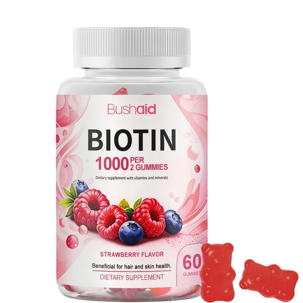 Bushaid Biotin Gummies 1000mcg Hair Skin Nails Vitamins A C D E B6 B12 Folate Strawberry Non-GMO Vegan Gluten Free 60 Count
