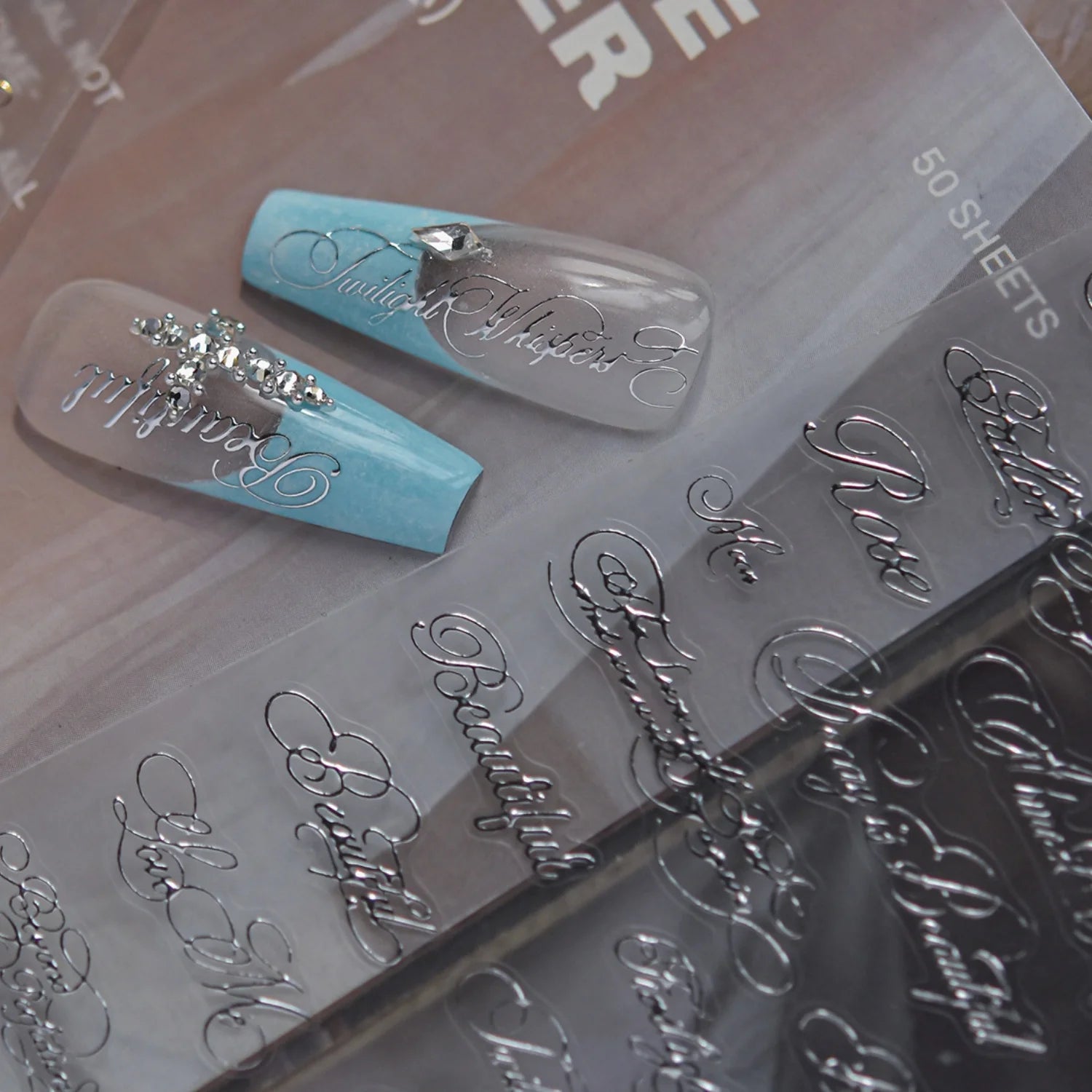 Silver Foil Script Beautiful Rose Moon Forever 5D Nail Art Stickers Cool Elegant Calligraphy Words Embossed Nail Decal Manicure