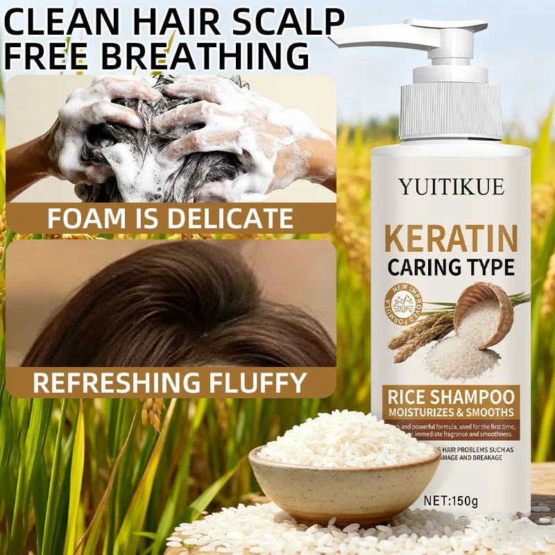 YUITIKUE Keratin Rice Shampoo 150g - Repairs Split & Damaged Hair, Moisturizes & Smooths, Delicate Foam for Fluffy Refreshment
