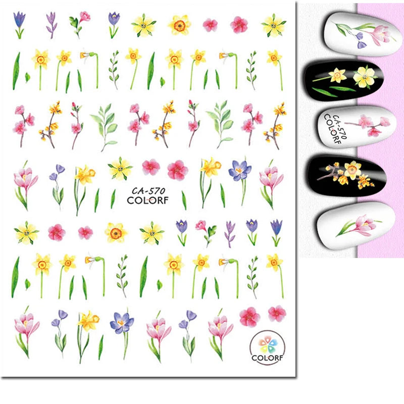3d Nail Art Decals Geometric Lines Daisy Sunflowers Letters Adhesive Sliders Nail Stickers Decoration For Manicure
