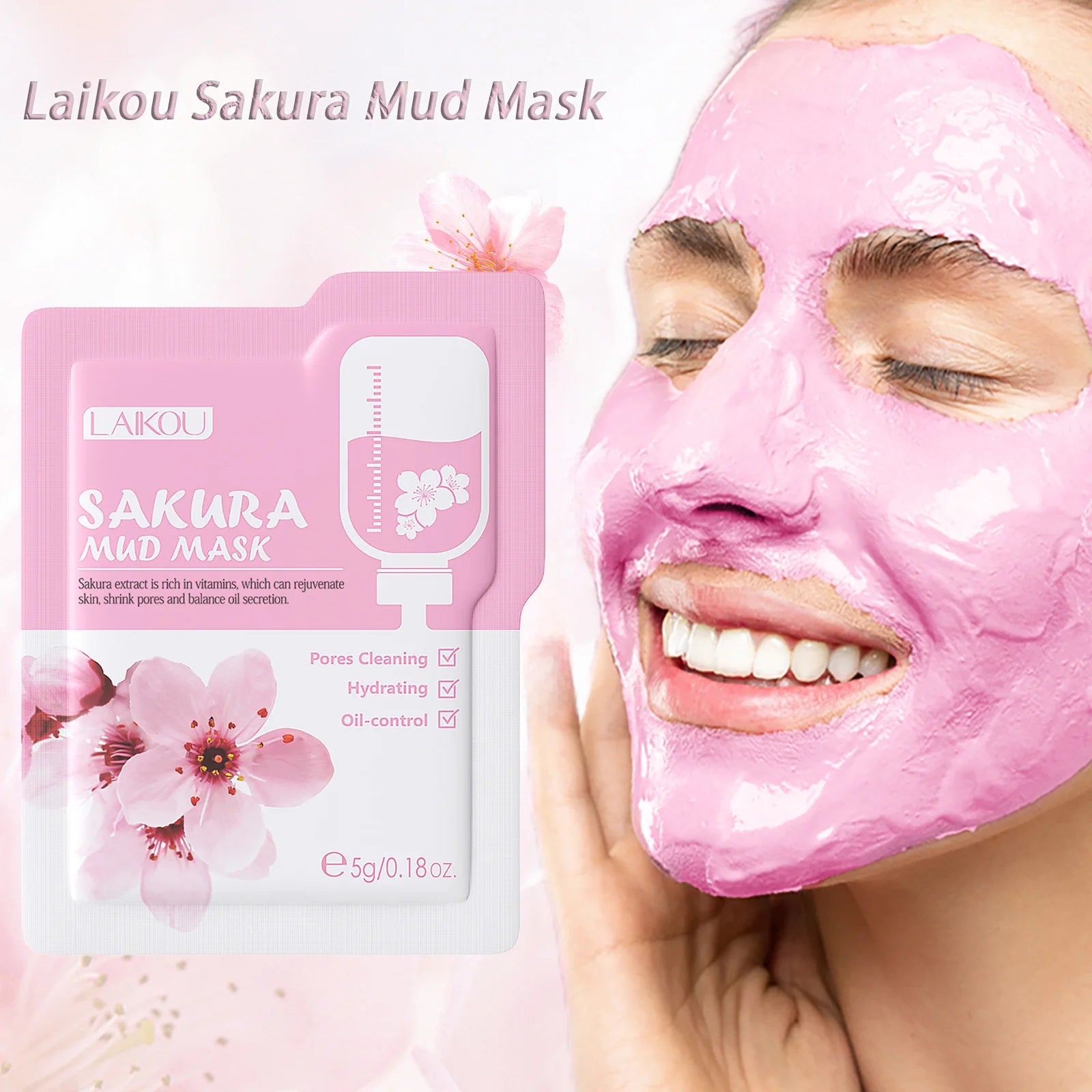 Laikou Sakura Clay Mask Trial Size Hydrating Deep Cleansing Pore Minimizing Brightening Face Mask Skin Care Product Mud Mask 5g