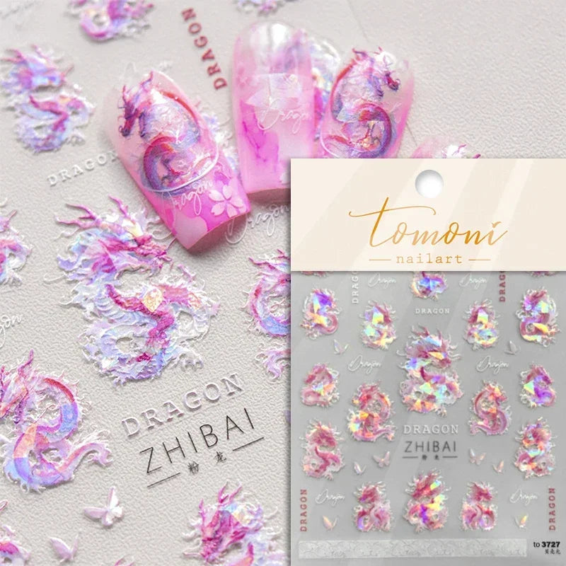 5D Kawaii Ink Wash Fairy Fox Dragon Loong Nail Art Stickers Cartoon Star Animals Backglue Nail Decoration Decals Accessories