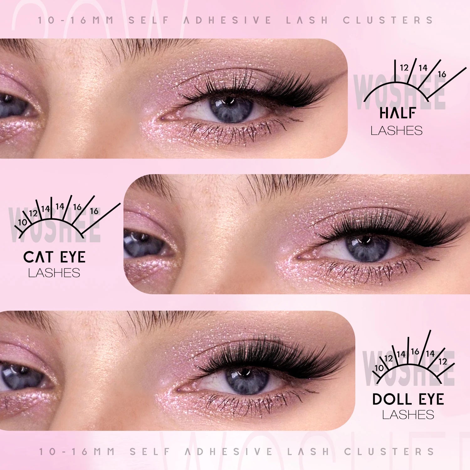 WOSHEER Self Adhesive Lash Clusters Pre Glued Eyelash Clusters No Glue Needed Lashes Wispy Eyelash Extensions Individual Lashes