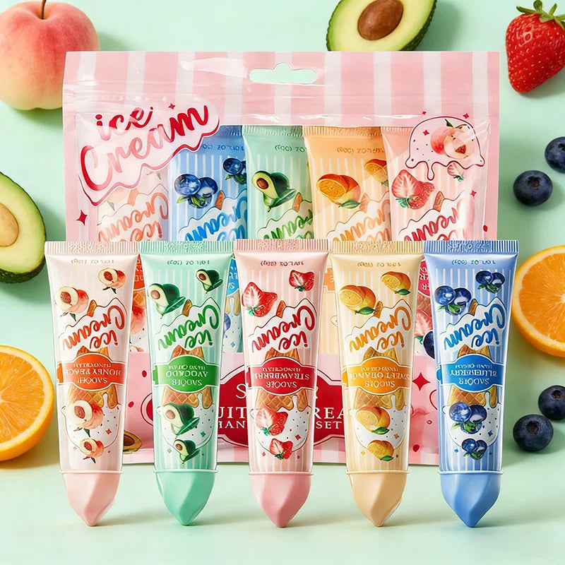 5pcs/set SADOER Fruit Ice Cream Hand Cream Moisturizing Nourishing Brightening Hydrating Hand Creams Hands Skin Care Products