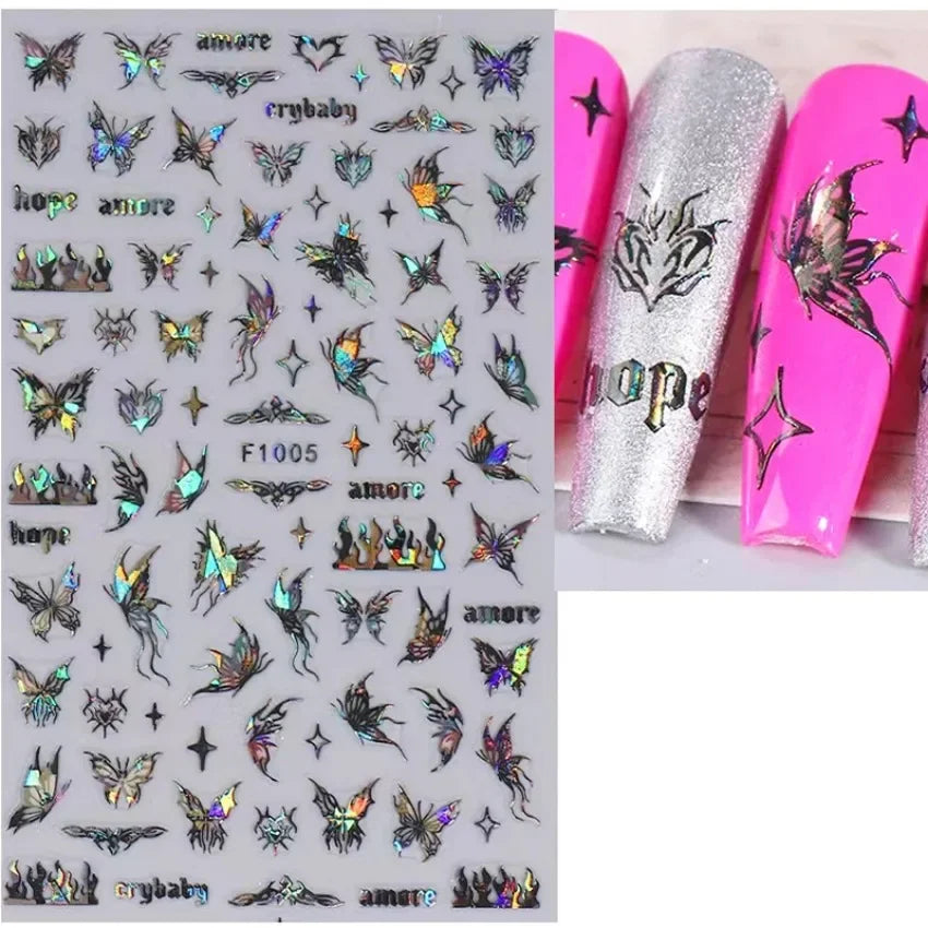 1PCS Black White Butterfly Laser Nail Stickers Y2K Nail Art Decoration Abstract Lines Bronzing Flowers Stickers For Nails