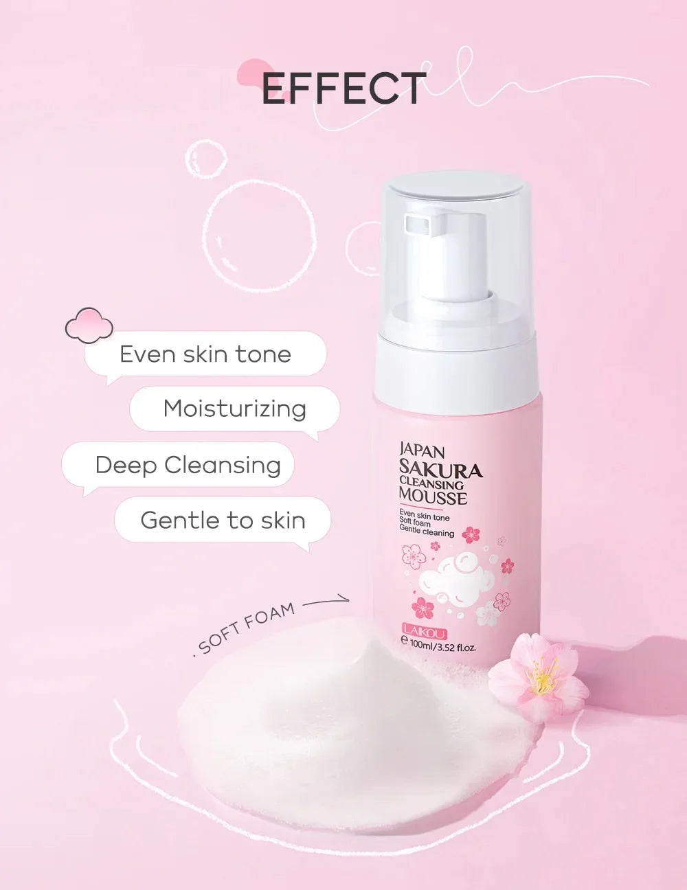 LAIKOU Japan Sakura Cleansing Mousse Gentle Foam Face Wash Even Skin Tone Deep Cleansing Non-Irritating Facial Cleanser 100ml
