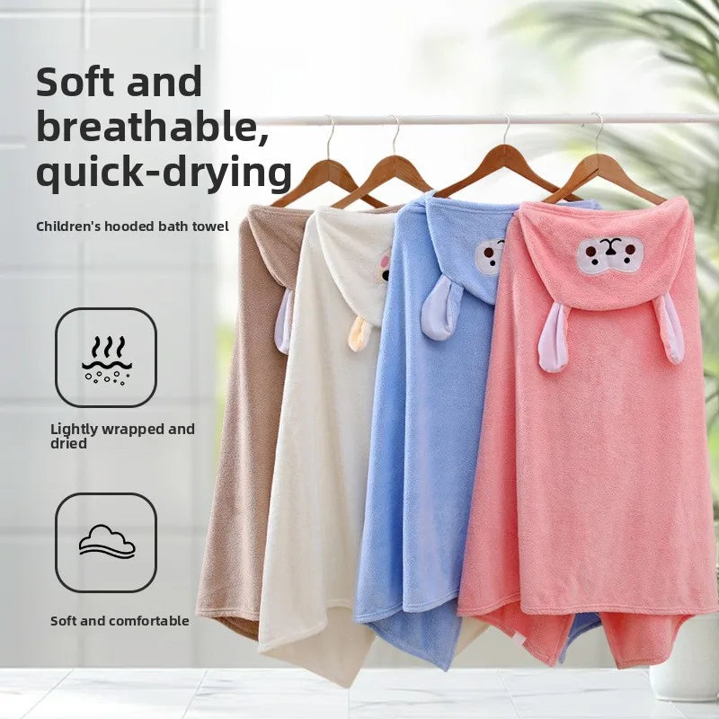 70*140cm Children's Hooded Bath Poncho Plush Coral Fleece Robe with Cartoon Cape Design Fast-Drying Baby Bath Towel