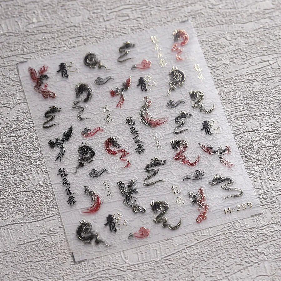 5D Kawaii Ink Wash Fairy Fox Dragon Loong Nail Art Stickers Cartoon Star Animals Backglue Nail Decoration Decals Accessories