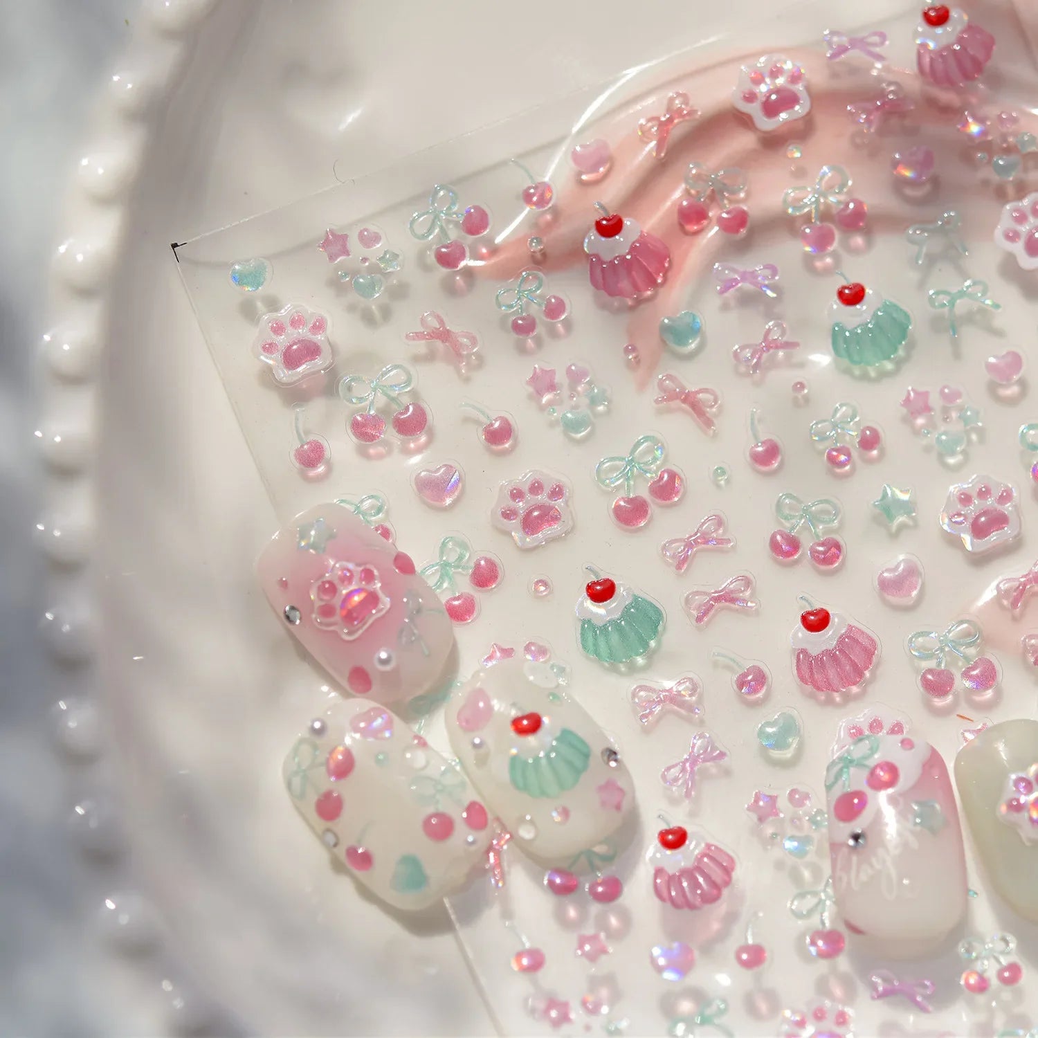 1Pcs Shiny 5D Jelly Cat Claw Cherry Bow Nail Decals Self Adhesive DIY Salon Manicure Decor Supply