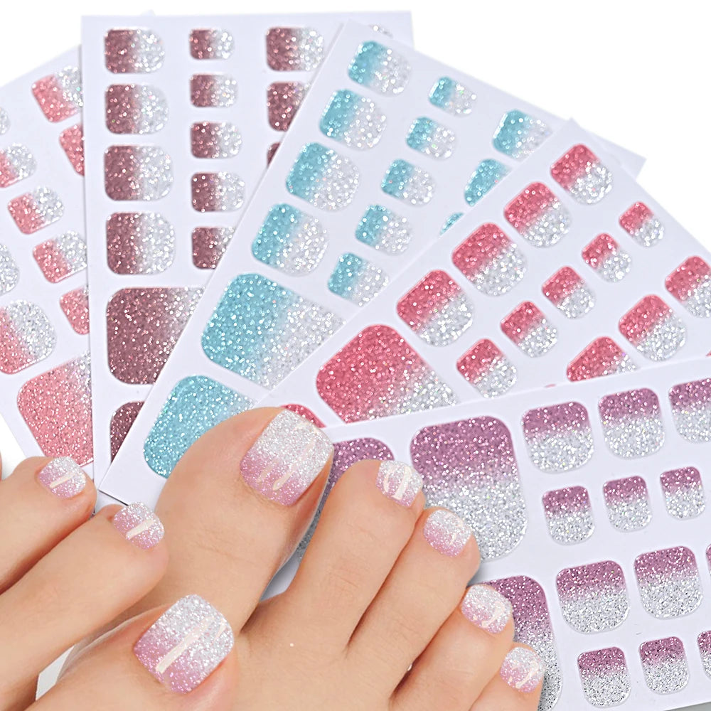1pcs 22tips Gradient Glitter Full Toe Nail Wraps 3D Shiny Omber Pink/Purple/blue Toe Nail Polish Stickers Baking Free Toe Strips