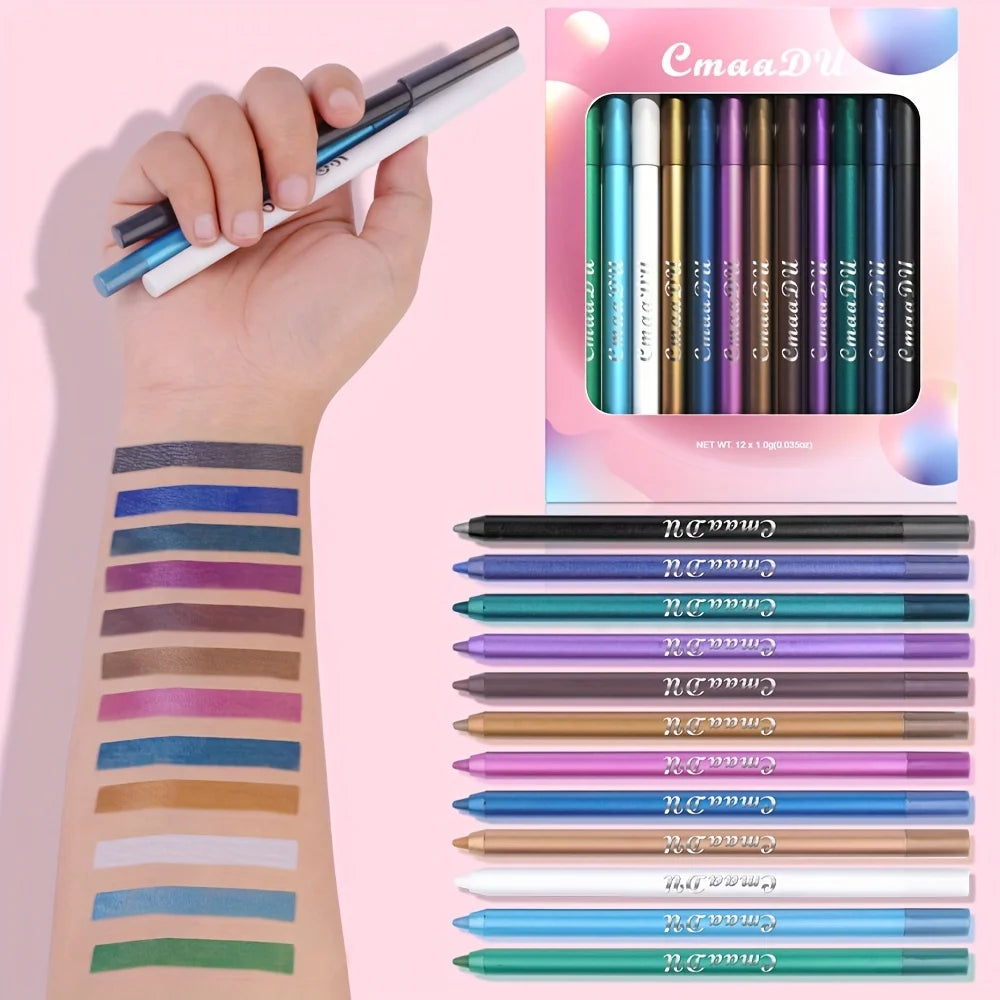 CmaaDu 12 Pcs Set of Waterproof Eyeliner Pens with Shimmering Effects - Includes Eyeshadow Durable and Easy to Color Highlighter