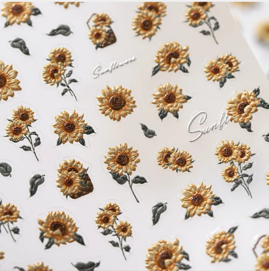 1 pc 5D sunflower nail stickers rose daisy cherry blossom self-adhesive nail art stickers oil painting style decorative sticker