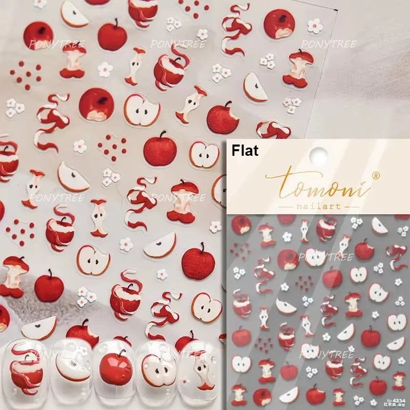 Shiny Attractive Apple Core Peel Cute Fruits Bowknot Tie Star Self Adhesive Nail Art Stickers Charming Rhinestone Manicure Decal
