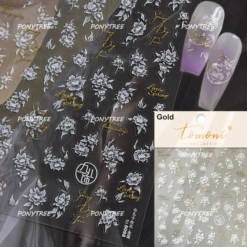 Elegant Pink Purple Flower Rose Colourful Gentle Petal Peach Blossom Metal Shiny Self Nail Art Sticker Decoration Manicure Decal