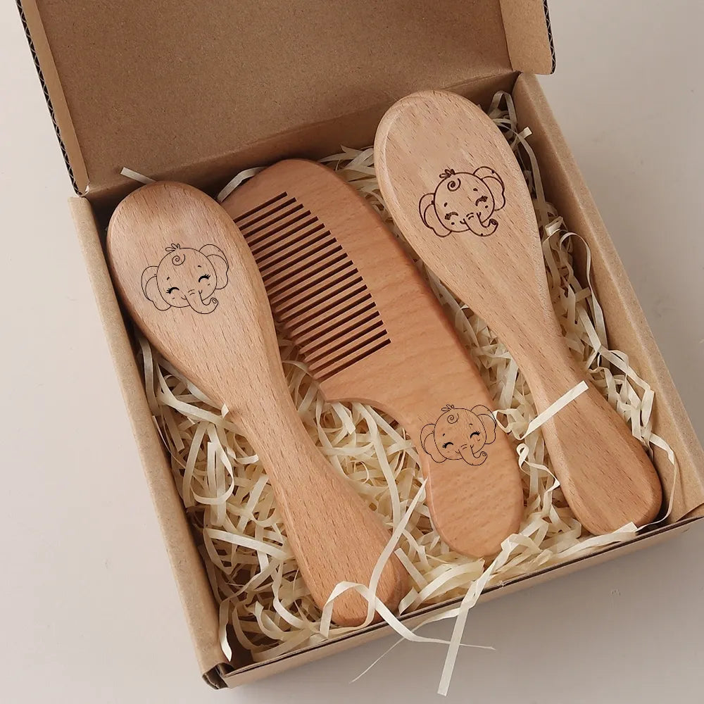 3pcs set engraving panda baby comb brush set newborn gift set Natural Wool beech Wooden Comb Baby Hair Brush air cushion comb