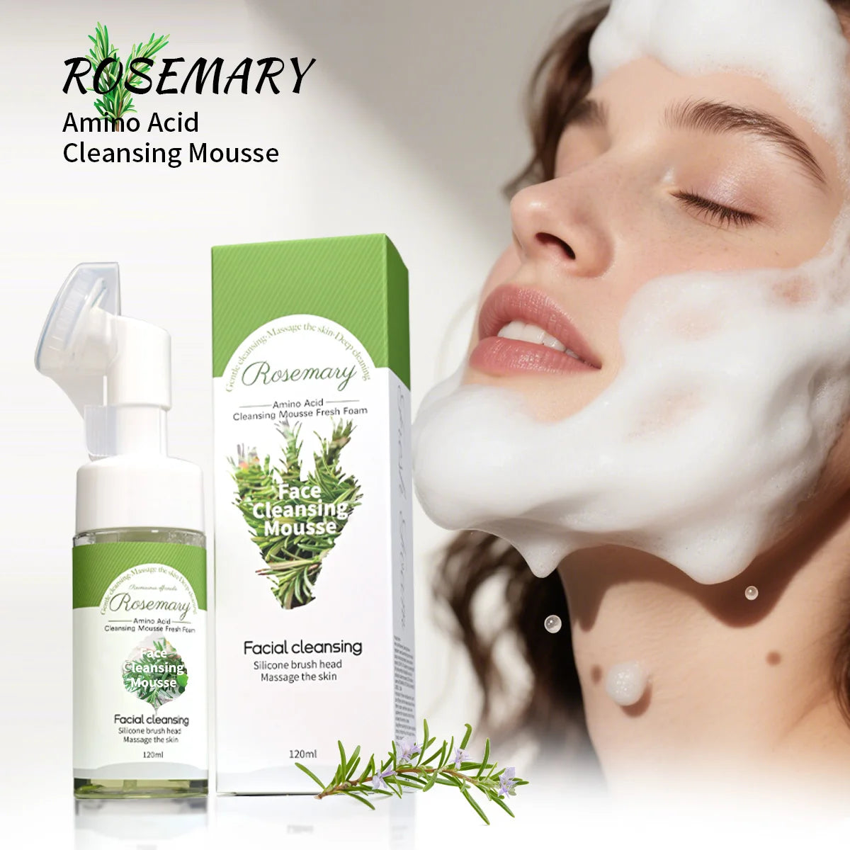 Rosemary Essential Oil Facial Cleanser Mousse Refreshing and Oil Controlling Soft Silicone Brush Head Deeply Cleans Facial Skin