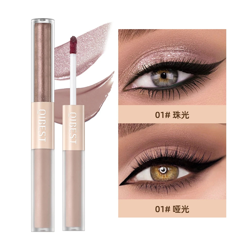 QIBEST Double-head Glitter Liquid Eyeshadow Contour Blush Pigment Silkworm Shimmer Matte Natural Cheek Shadow Cream Eyes Makeup
