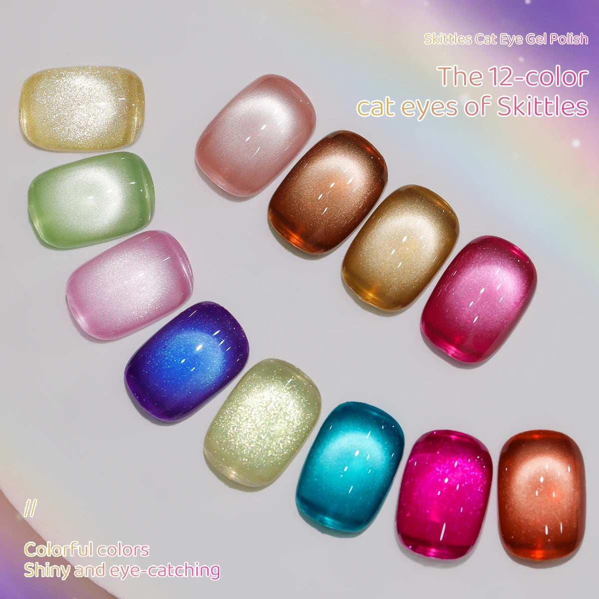 XEJAYI 12pcs 15ml Rainbow Candy Cat Eye Gel Nail Polish Set,UV LED Soaking Nail Gel, Semi-Permanent, DIY Salon Quality Nail Art
