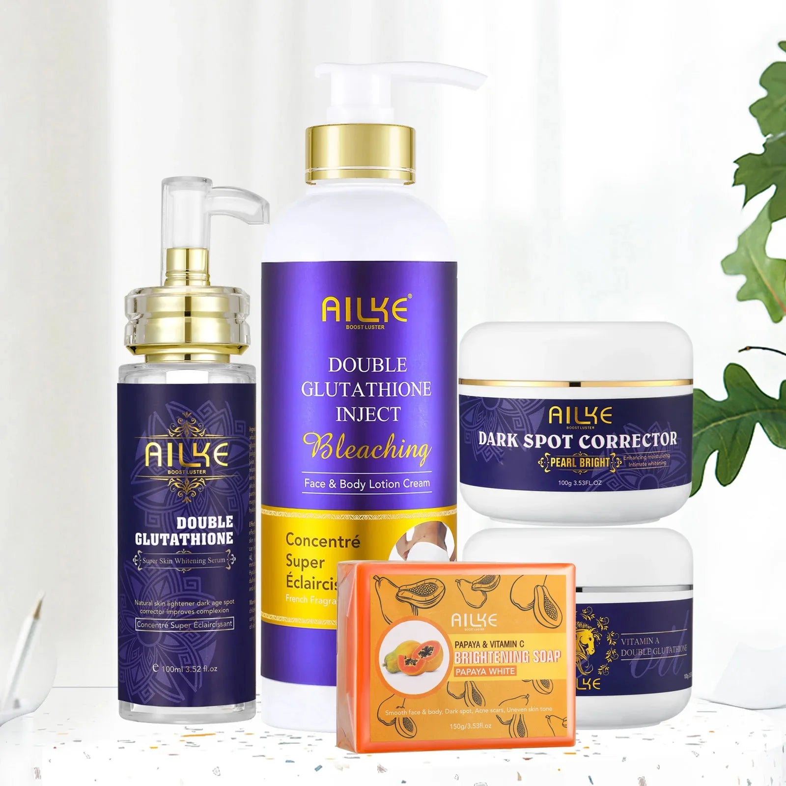 AILKE Double Glutathione Whitening Skin Care Set, Lightening, Remove Dark Spots, Skin Radiant, Moisturizing, Hydrating, Smooth
