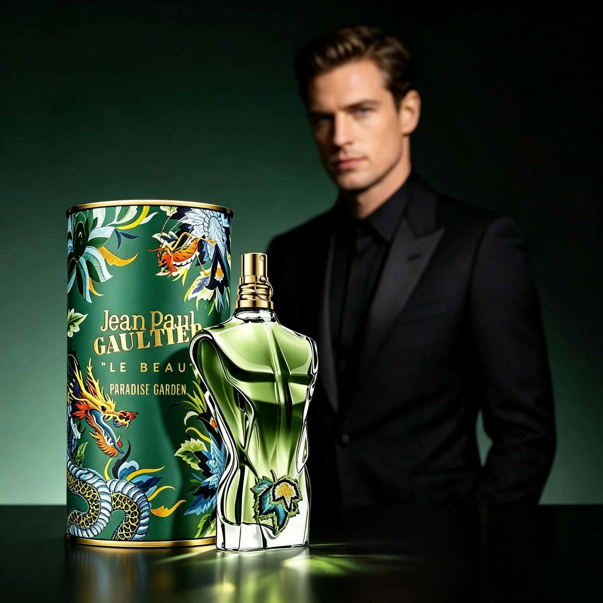 Jean Paul Gaultier Le Beau Paradise Garden Men Perfume 100ml, Special Human Torso Design Green Bottle With Ornate Dragon Floral Tin Box, Bright Fresh Spicy Woody EDP Fragrance For Daily Party Dating