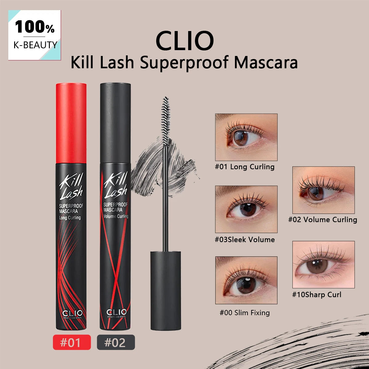 CLIO Kill Lash Superproof Mascara,Volumizing Formula,Lightweight & Clump-Free,Defined & Separated,Korean Cosmetic,Korean Makeup