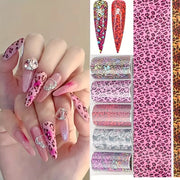 10 Rolls 50*4CM Pink Leopard Nail Foil Stickers Animal Print Nail Transfer Decals Irregular Shape Valentine's Day Manicure Decor