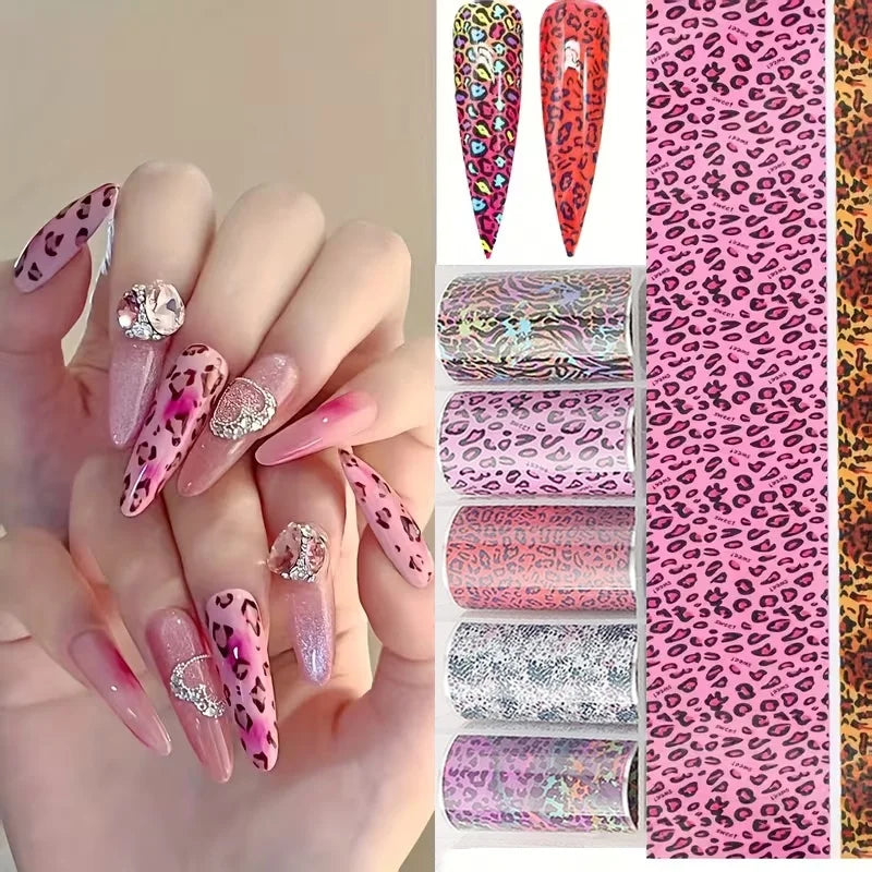 10 Rolls 50*4CM Pink Leopard Nail Foil Stickers Animal Print Nail Transfer Decals Irregular Shape Valentine's Day Manicure Decor