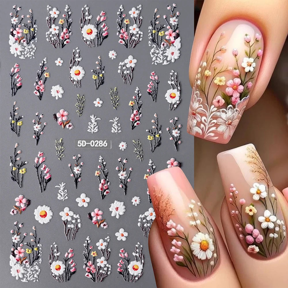 5D Pink Blue Floral Nail Art Stickers Petals Leaf Plant Embossed Nail Decals Spring Summer Flower Design for DIY Nail Supplies