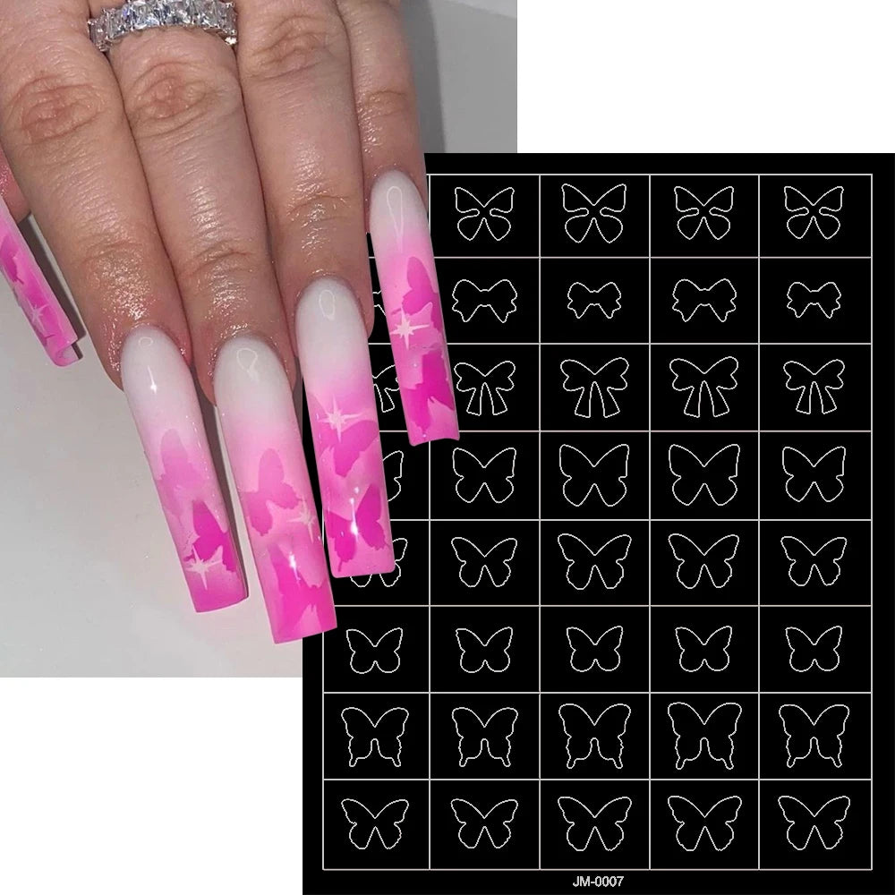 24 Patterns Airbrush Stencils Nail Art Stickers Hollow Butterfly/Flower/Bow/French Line Printing Templates Nail Decal DIY Tools