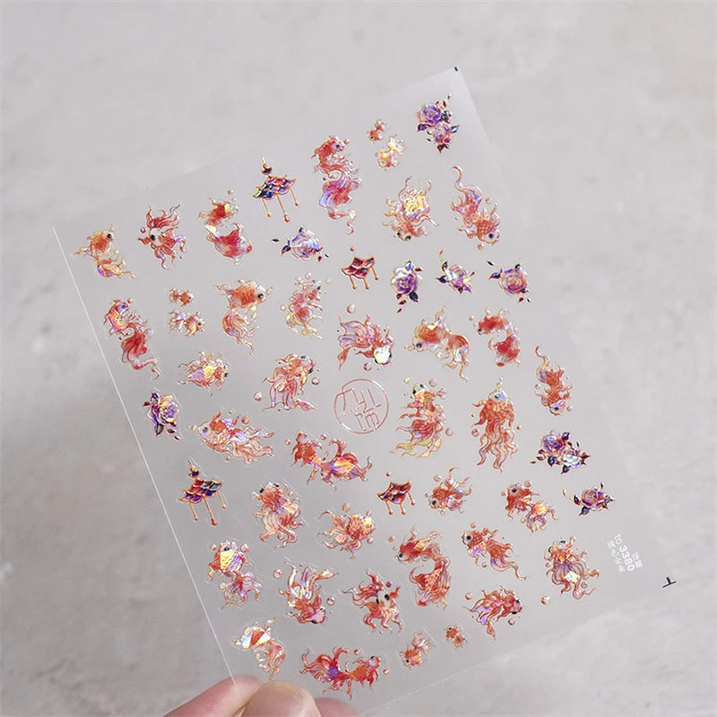 5D Rich Goldfish Nail Stickers Lotus Carp Ribbons Nail Art Appliqués Handmade Creative Nail Art Decorations