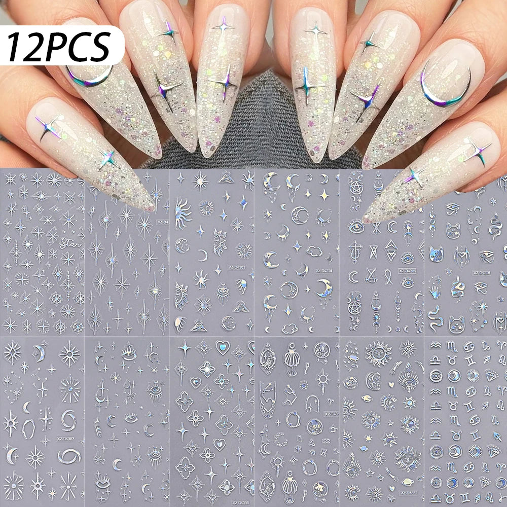 12Pcs 3D Laser Gold Silver Sun Star Moon Nail Stickers Y2K Snake/Starlight/Heart Adhesive Decals DIY Bronzing Nail Sliders