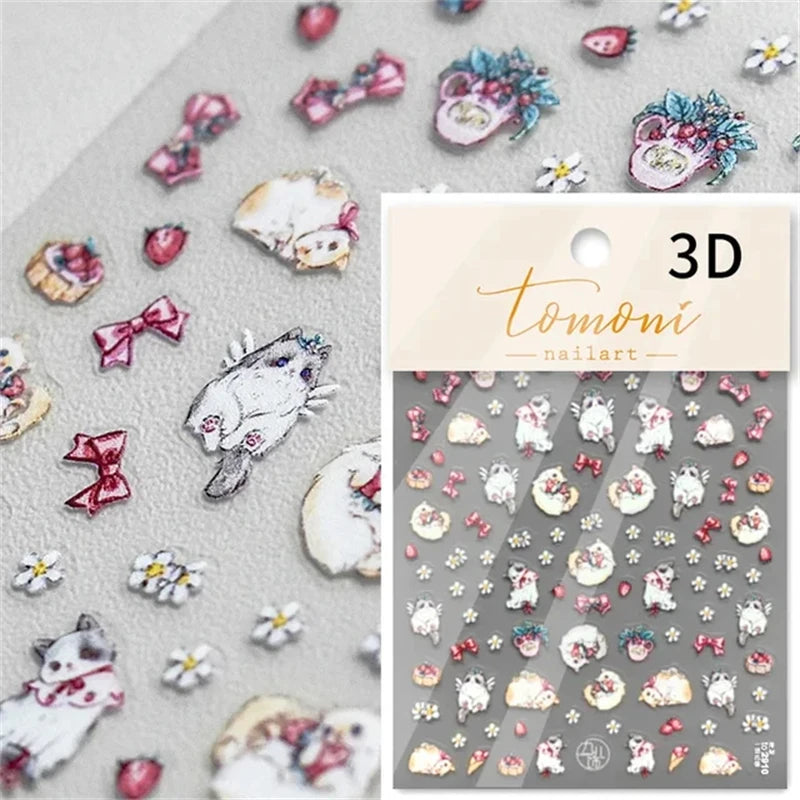 5D Relief Self Adhesive Nail Art Decoration Stickers 3D Colored Manicure Decal DIY Kitty Lovely Cat Bunny Animal Flower Bow Tie