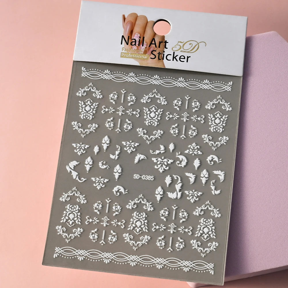 5D White Face Flowers Nail Art Stickers 8x10cm Elegant Wedding Bride White Floret Nail Decal Self-Adhesive Flowers Nail Slider
