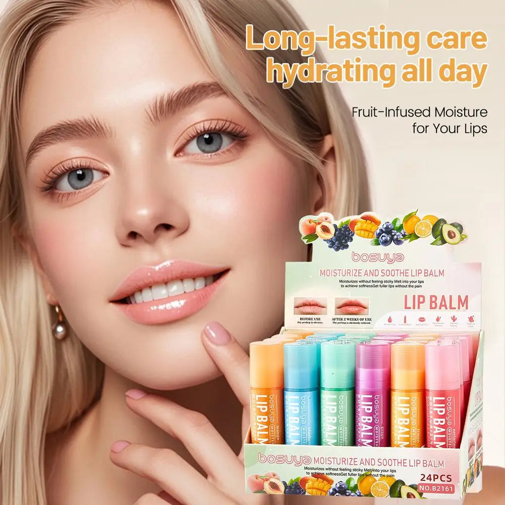 24PCs Natural Fresh Fruit Lip Balm Set Winter Moisturizing Lip Oil Long-Lasting Glossy Nourishing Lipstick Dry Lip Care Makeup