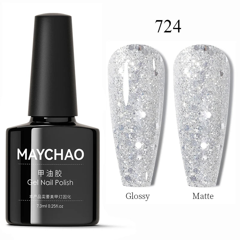 MAYCHAO Glitter Gel Nail Polish 7.3ml Semi-permanent Sequins Shiny Gel Base Top Coat Soak Off UV LED Varnish Nail Art Decoration
