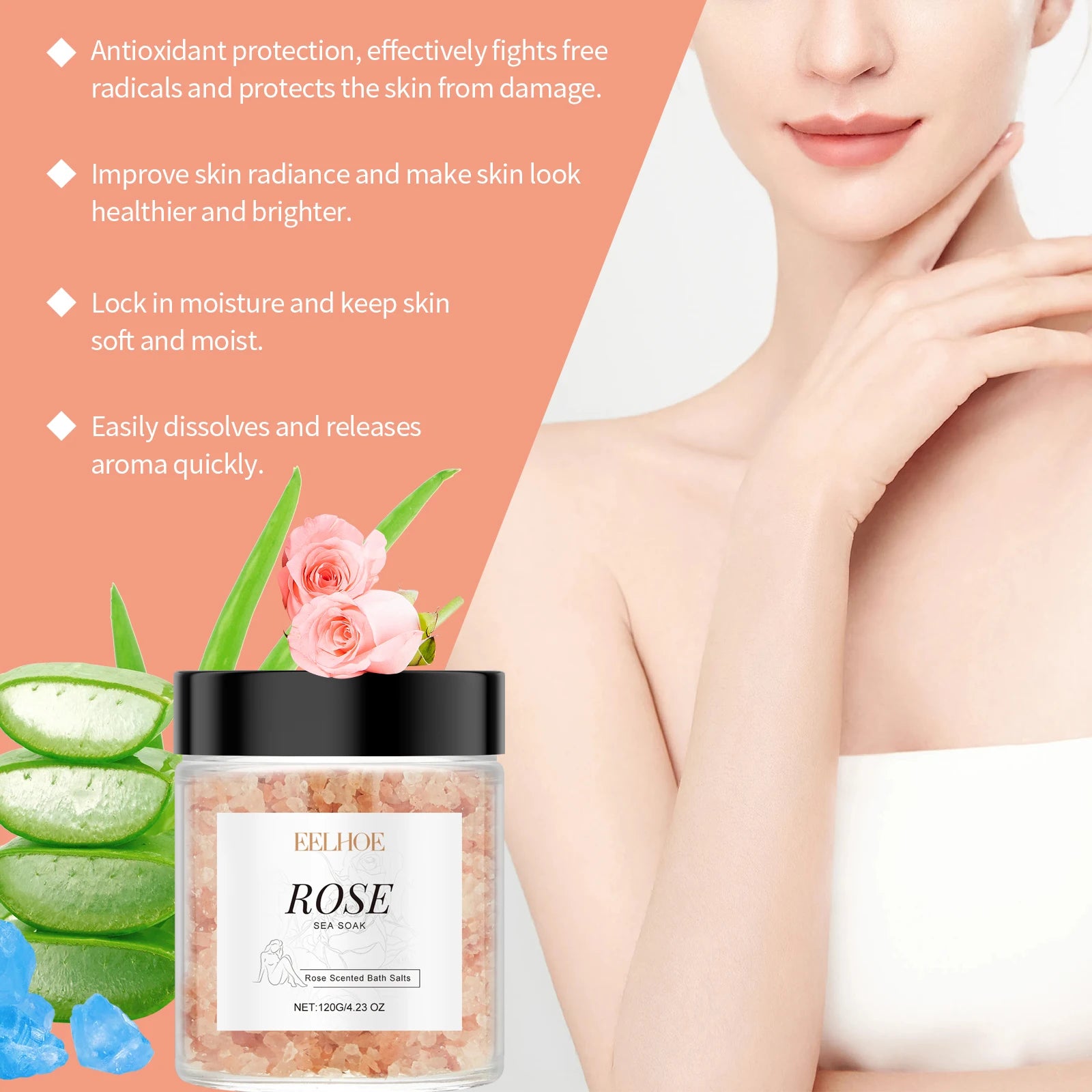 Rose Bath Salts Exfoliating Deep Cleansing Shrinking Pores Long Lasting Fragrance Stress Relief Aromatherapy Shower Body Care