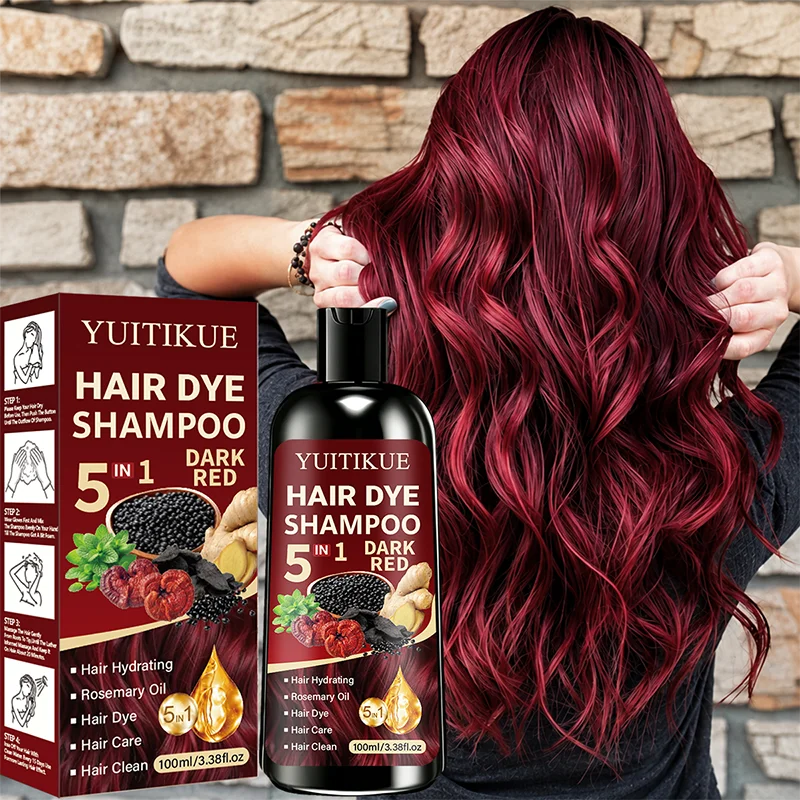 YUITIKUE 5 In 1 Hair Dye Shampoo Dark Red 100ml, Hydrating Rosemary Formula, Quick Color Shampoo For Gray White Hair