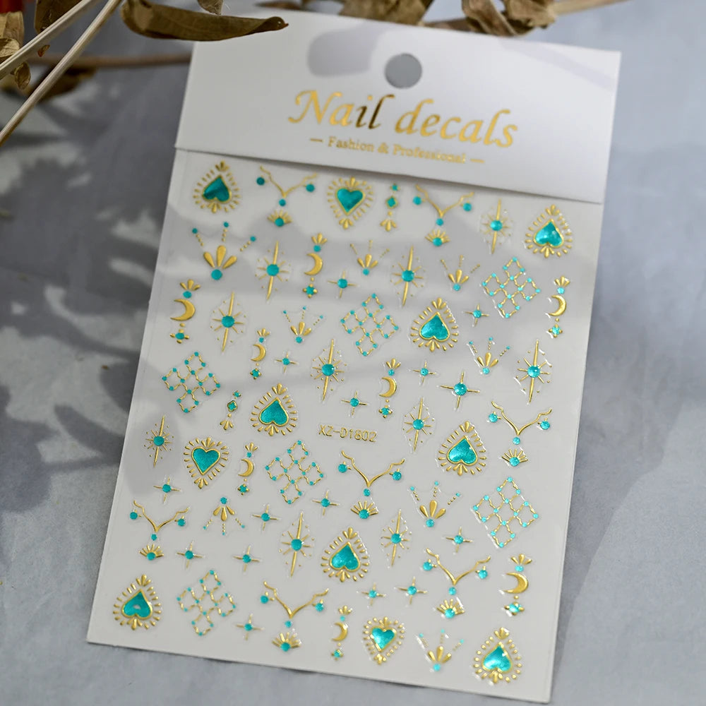5D Gold Snake Star Moon Nail Art Stickers Lake Blue Gem Love Heart Nail Decal Y2 Holographic Metal Evil Eye Bohemian Nail Slider