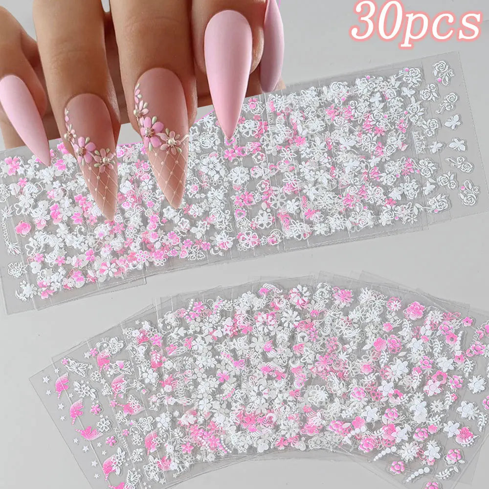 3D Colorful Flowers Cherry Blossoms Rose Daisy Nail Decals 20/30/60/70/90pcs Cute Heart Nail Sticker Manicure Decoration 5.5*6cm