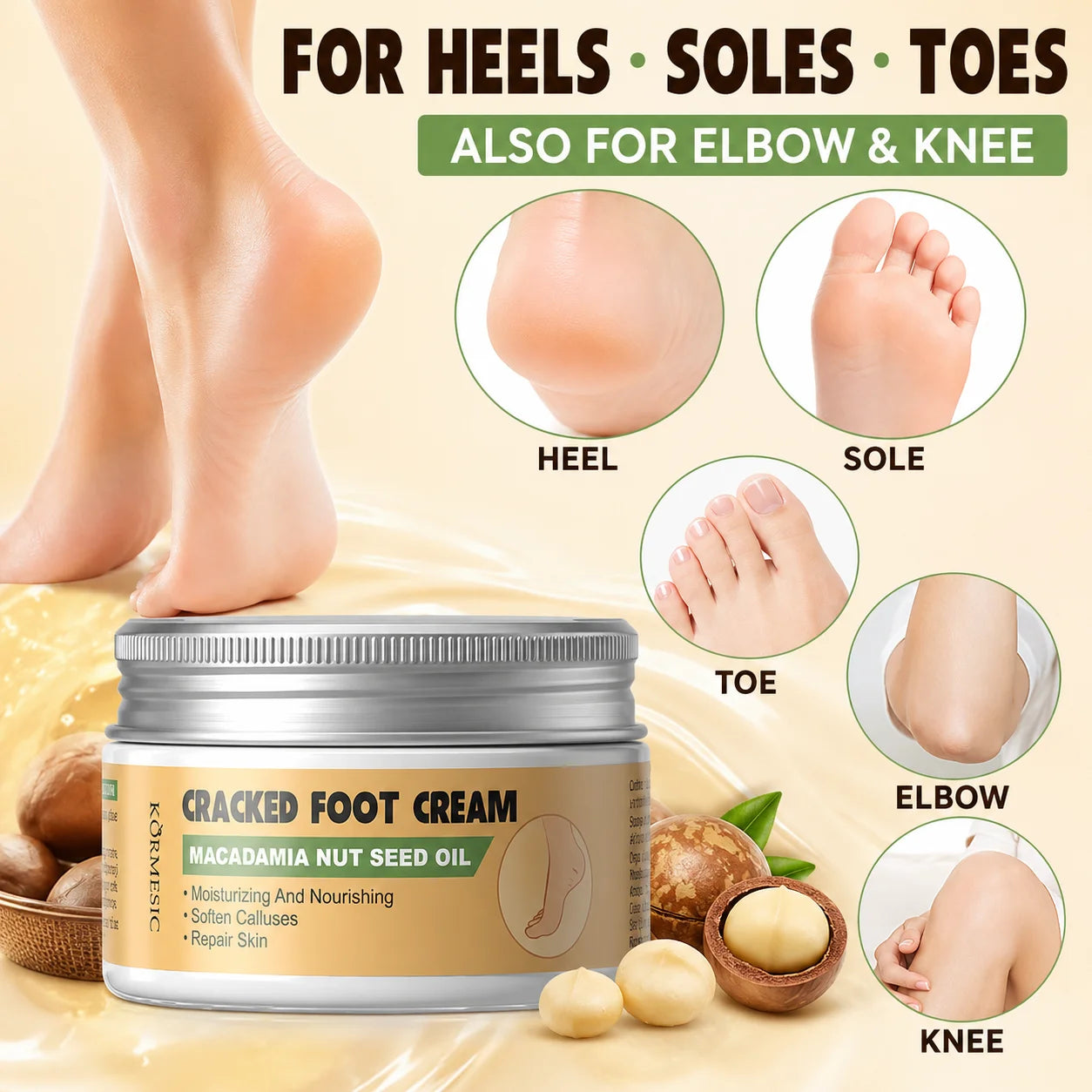 Foot Repair Cream for Dry Cracked Heel Macadamia Nut Seed Oil Moisturizing Foot Balm Callus Softener Rough Heel Smooth Feet Care