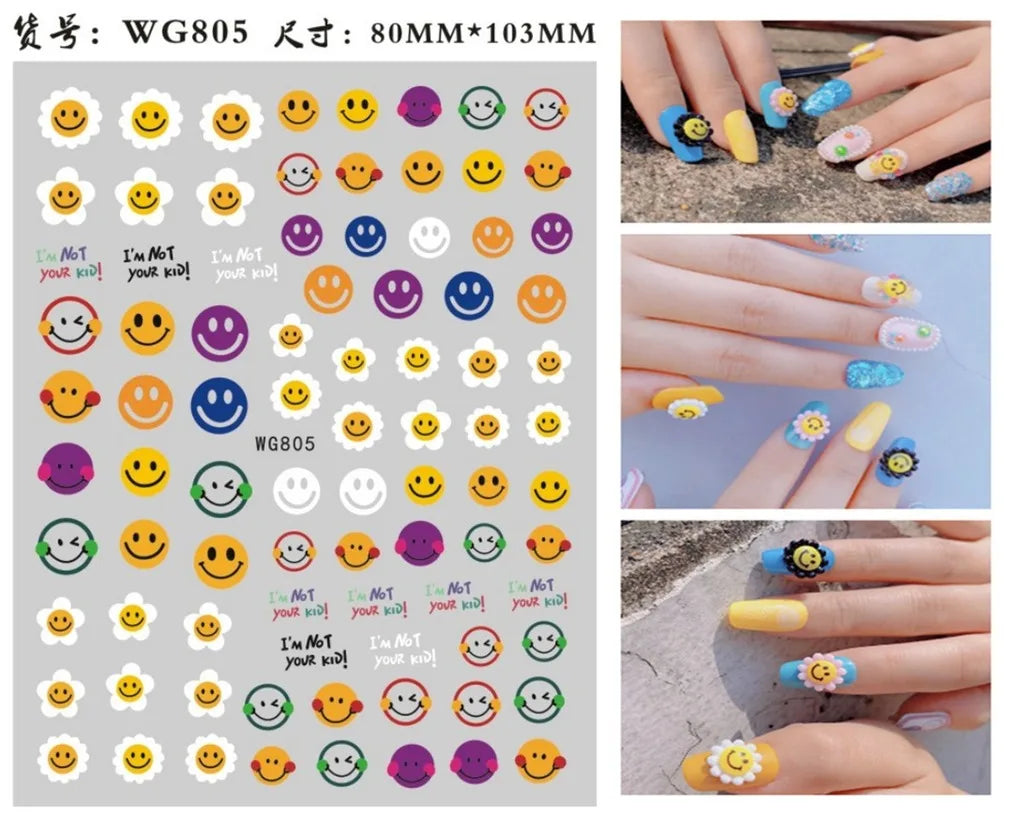 3D Yellow Smile Nlail Art Stickers Nail Decals for Nails Smile Face Manicure Japanese Design DIY Cute Nail Decals Accessories