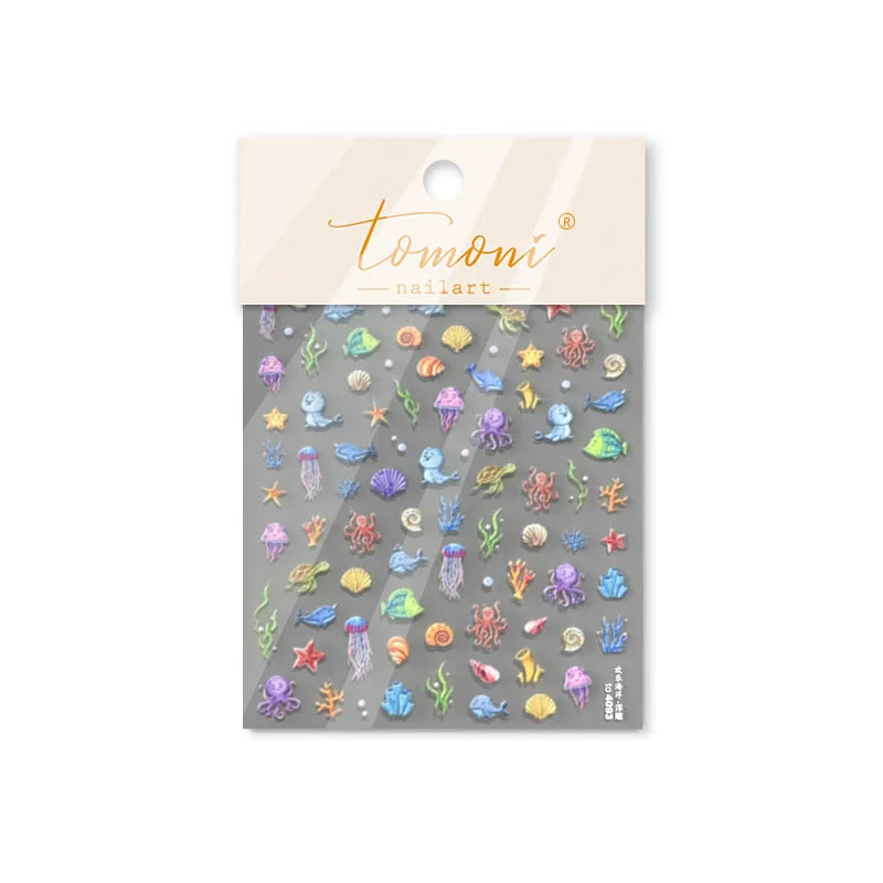 1 piece of 5D marine life nail stickers coral dolphin jellyfish shell conch starfish sea soft relief decorative nail art sticker