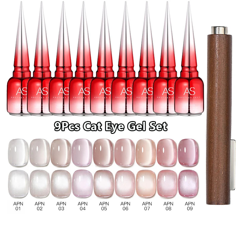 AS 9pcs Cat Eye Magnetic Moonlight Gel Nail Polish Set 15ml Sparkle White Silver Water Light Red UV Gel Nail Art Manicure Vernis