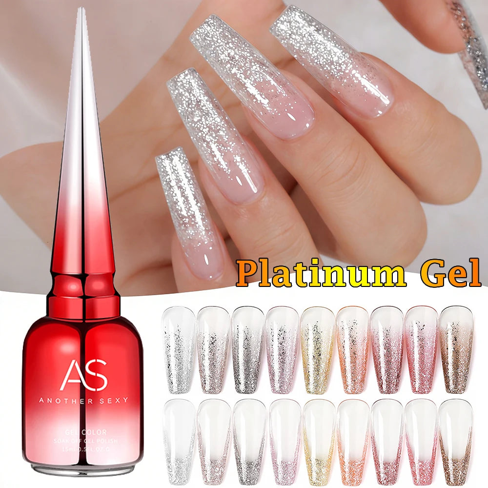 AS 15ml Sparkle Platinum Gel Nail Polish Shiny Pink Gold Silver Glitter Painting Gel Drawing Semi Permanent Tpo Free Varnish